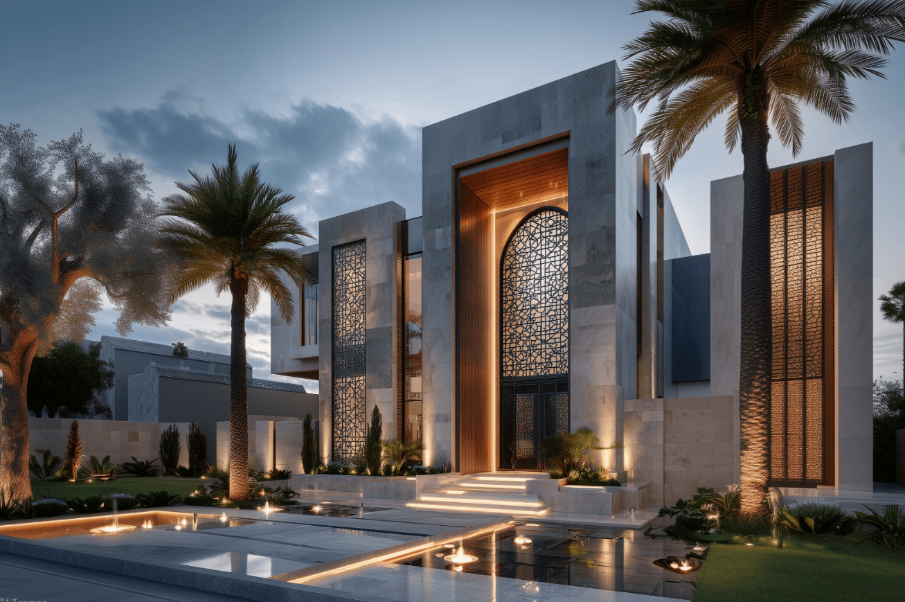 Villa Exterior with Decorative Screen and Water Feature