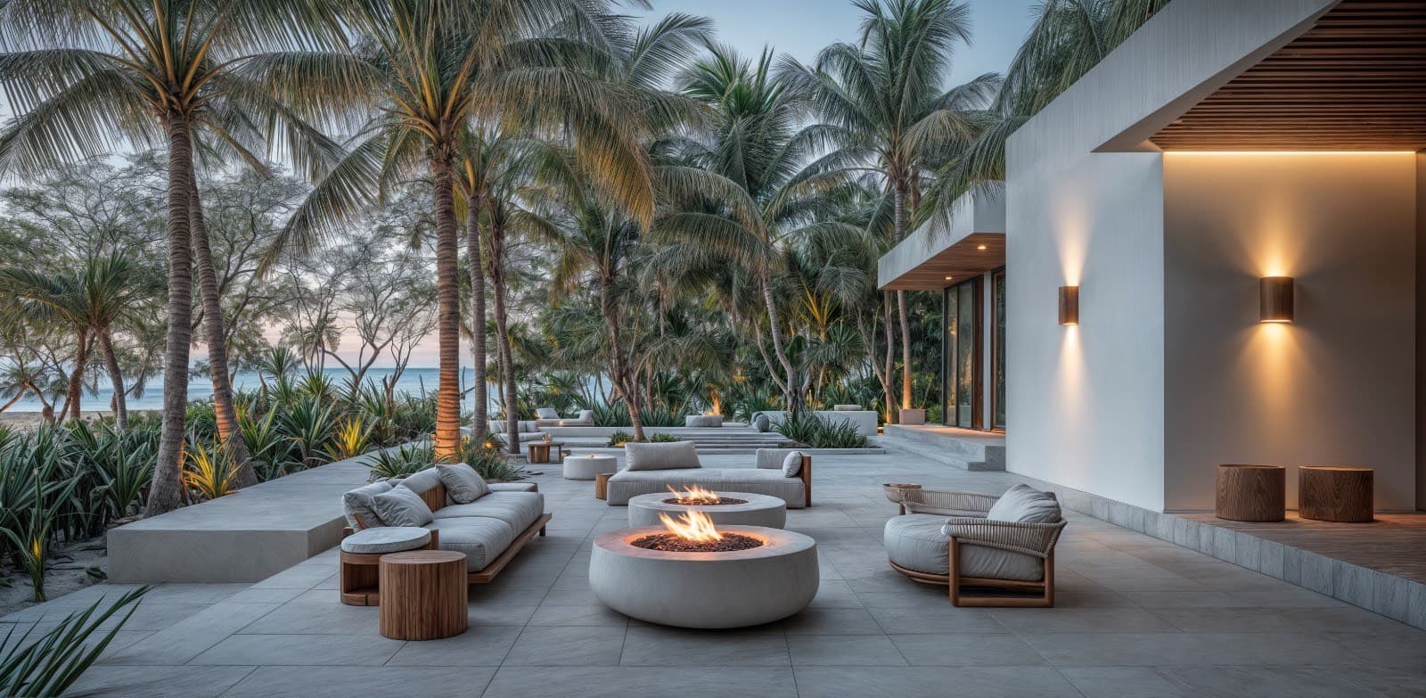 Luxury resort patio with palm trees