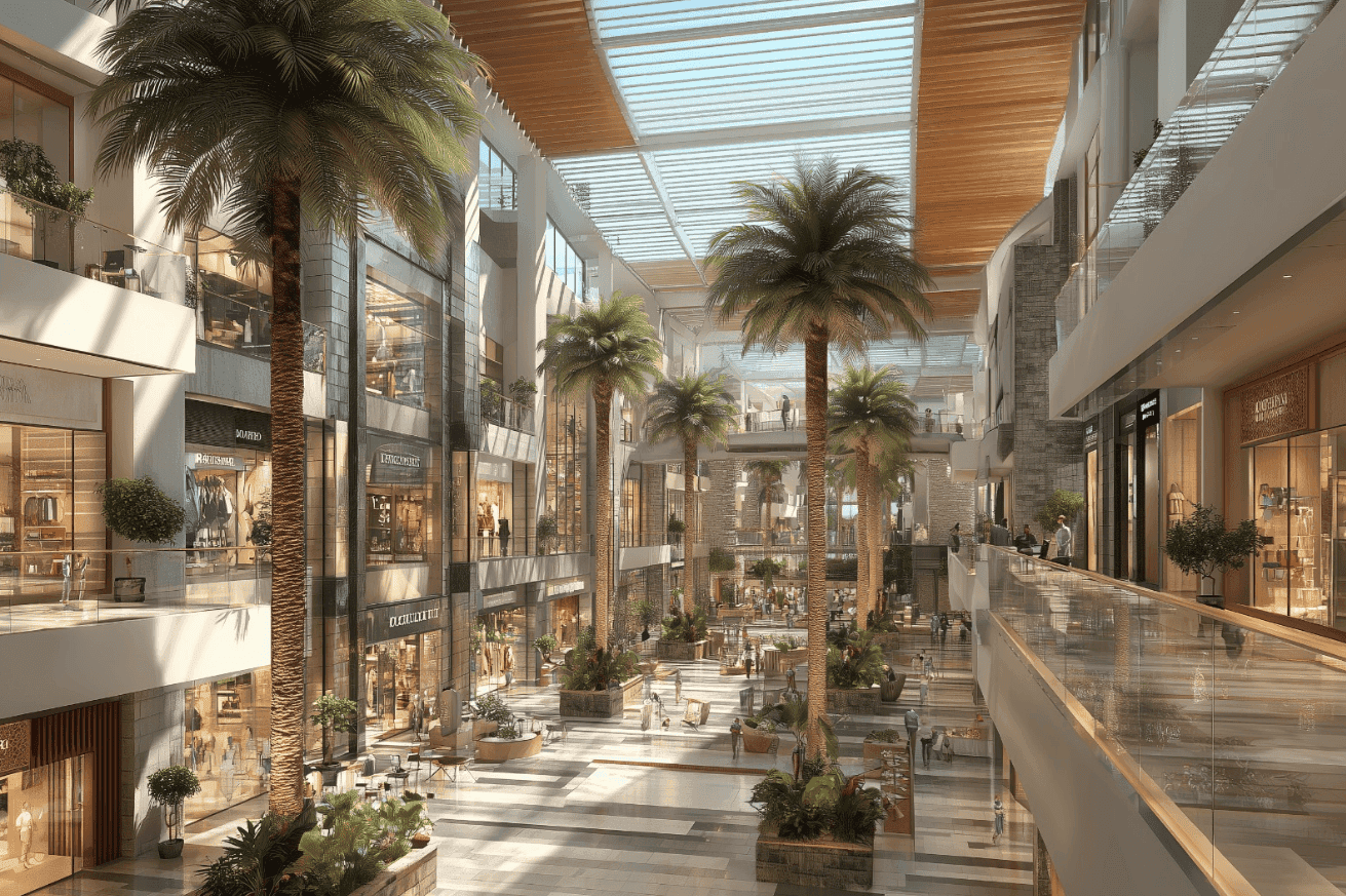 Shopping Mall Interior with Palm Trees